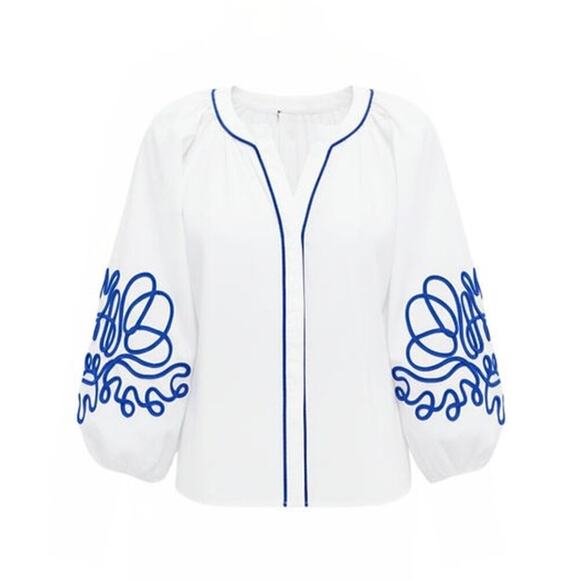 HYACINTH HOUSE White & Royal Blue Soutache Stella Blouse Size L NWT - Picture 8 of 8